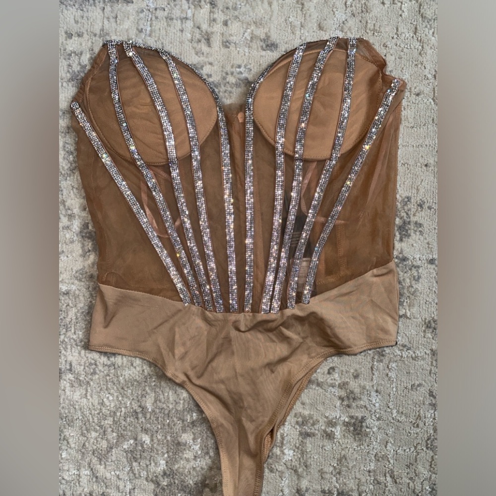 Crystal nude strapless sheer corset bodysuit bridal vacation party M NWT